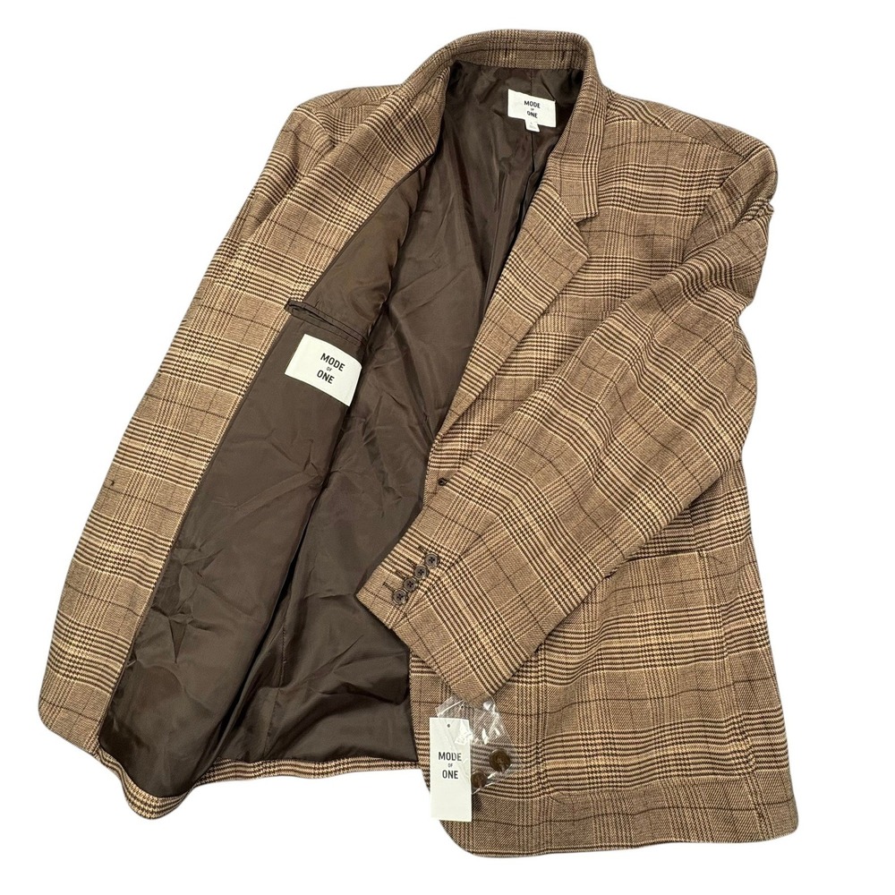 Mode of One Sport Coat Mens Large 46 Brown Tan Glen Plaid Stretch Blazer NWT